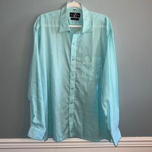 Zara Men’s 46 Aquamarine 100% Linen coastalcore blue button down shirt